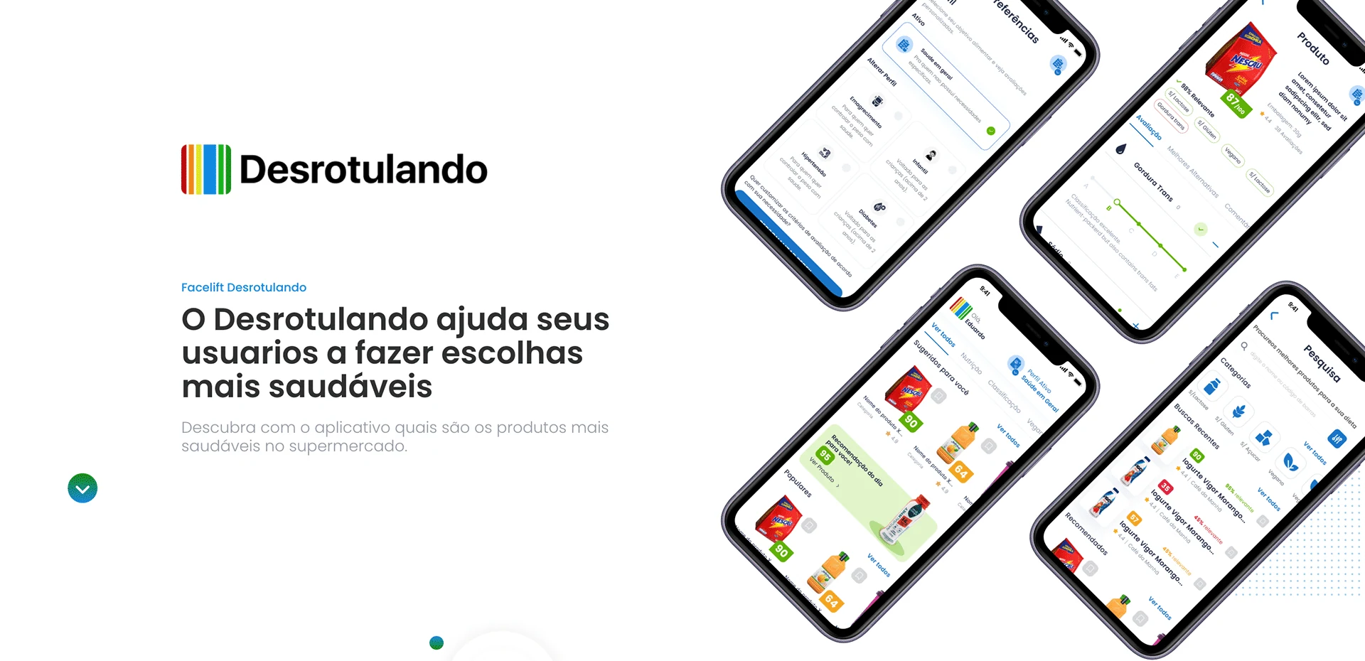 Apresentação do facelift: proposta visual para Home, produto, preferências e pesquisa.