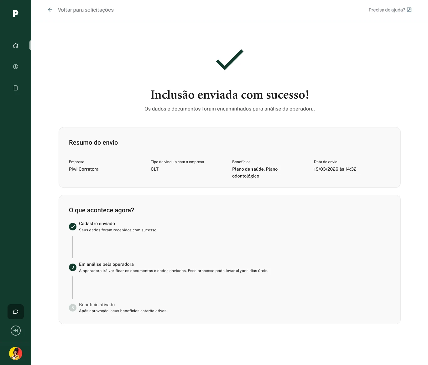 Conclusão da inclusão: resumo do envio e próximos passos.